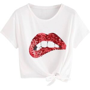 Cute Sequin Red Lip Short Sleeve Tie Knot Crop Top T-Shirt